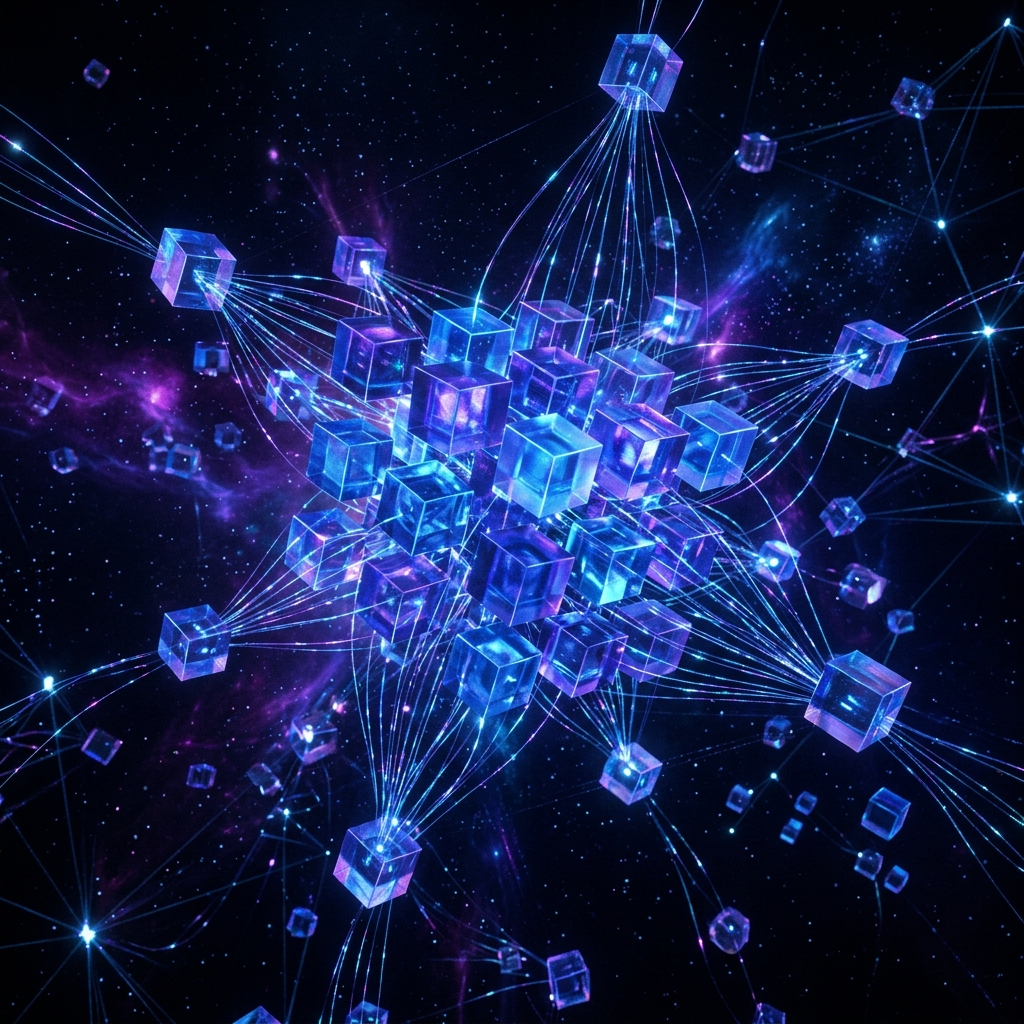 A conceptual visualization of scalable cloud services, abstract glowing cubes floating, tech innovation, fiber optics, network nodes, dark background with vibrant blue and purple accents, high quality, 8k resolution, cinematic lighting, no text, no people, no women